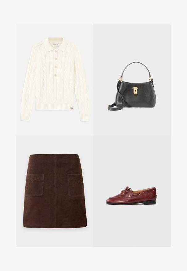 Pull en maille torsadée crème avec un col, patte de boutonnage à quatre boutons, poignets côtelés et un petit patch logo en bas.; Jupe en suède marron présentant une silhouette A-line classique, deux poches avant avec des rabats arrondis et des détails de couture discrets.; Chaussures bateau en cuir bourgogne avec un bout arrondi, un laçage, des œillets dorés et une semelle noire basse. Texture lisse avec des détails de couture.; Sac à main en cuir noir avec une finition texturée, présentant une fermeture à verrou doré, une courte poignée et une bandoulière détachable.