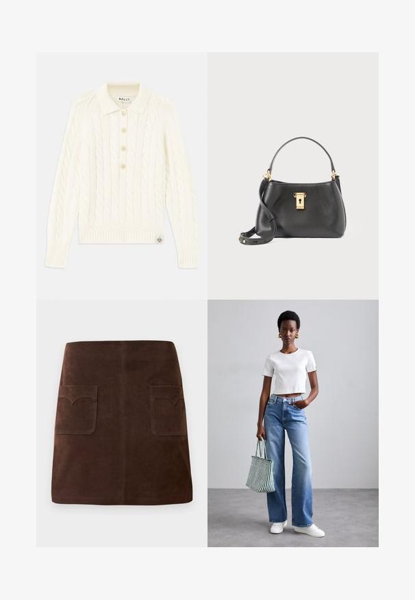 Cream cable-knit sweater with a collared neckline, four button placket, ribbed cuffs, and a small logo patch at the hem.; Brown suede skirt featuring a classic A-line shape, two front pockets with rounded flaps, and subtle stitching details.; White ribbed cropped t-shirt, light blue wide-leg jeans, and white sneakers. Holding a green and white striped tote bag.; Black leather handbag with a textured finish, featuring a gold lock closure, short handle, and a detachable shoulder strap.