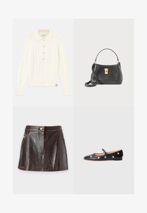 Cremefarvet kabelstrikket sweater med kravehals, fire knapper, ribbede manchetter og et lille logo-patch ved kanten.; Brun læder mini-nederdel med et strømlinet design, to lynlåslommer i siden og kontrasterende syninger langs kanterne.; Sorte læder Mary Jane flad sko med en rund tå, udstyret med sølvfarvede runde nitter og en justerbar rem med spænde.; Sort lædertaske med struktureret overflade, der har en guldlås som lukning, kort håndtag og en aftagelig skulderrem.