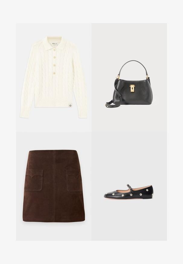 Maglione lavorato a maglia a trecce di colore crema con colletto, patta con quattro bottoni, polsini a costine e un piccolo logo ricamato sull'orlo.; Gonna in suede marrone con una classica forma a campana, due tasche frontali con alette arrotondate e dettagli di cucitura sottili.; Scarpa flat nera in pelle tipo Mary Jane con punta arrotondata, caratterizzata da borchie circolari argentate e una fascia regolabile con fibbia.; Borsa a mano in pelle nera con una finitura testurizzata, dotata di chiusura a lucchetto dorato, manico corto e tracolla staccabile.