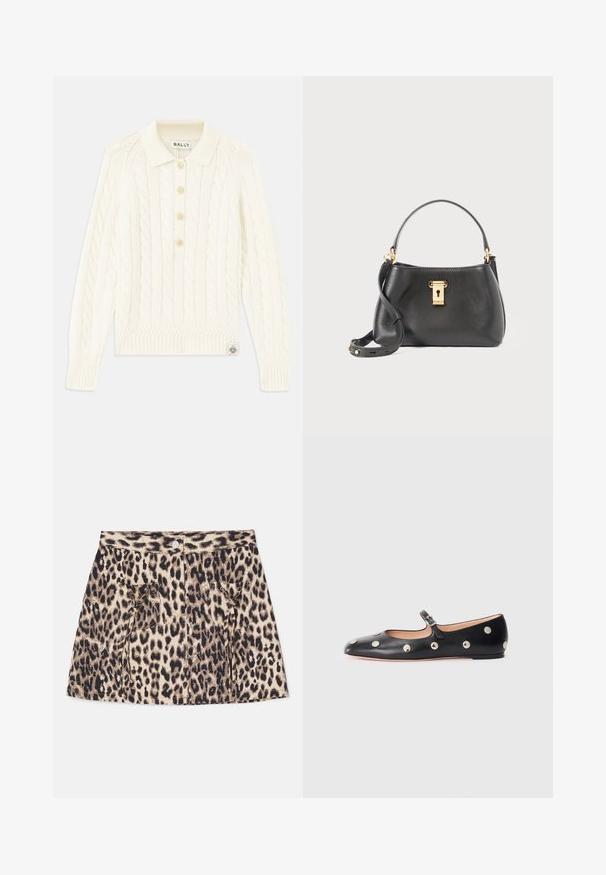Krémový svetr s pleteným vzorem a límečkem, čtyřmi knoflíky, žebrovanými manžetami a malou nášivkou na lemu.; Denimová sukně s leopardím potiskem, vysokým pasem, předním zapínáním na knoflíky a dvěma bočními kapsami s detaily šňůrek.; Černé kožené baleríny typu Mary Jane s kulatou špičkou, zdobené stříbrnými kulatými nýty a nastavovacími popruhy se sponou.; Černá kožená kabelka s texturovaným povrchem, se zlatým zámkem na zavírání, krátkým uchem a odnímatelným ramenním popruhem.