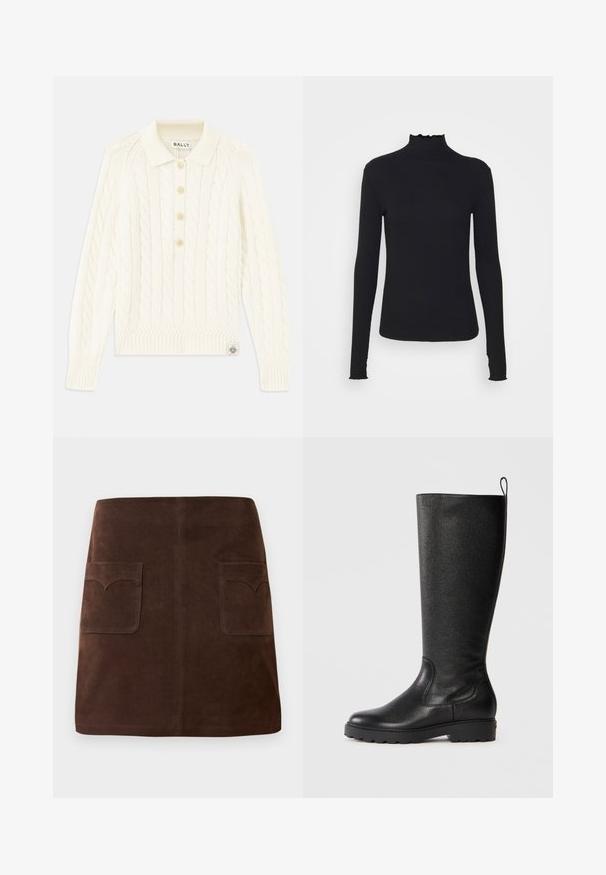 Pull en maille torsadée crème avec un col, patte de boutonnage à quatre boutons, poignets côtelés et un petit patch logo en bas.; Haut à manches longues noir en col roulé, fabriqué en tissu lisse, présentant un col volanté et une silhouette ajustée avec des bords simples.; Jupe en suède marron présentant une silhouette A-line classique, deux poches avant avec des rabats arrondis et des détails de couture discrets.; Bottes noires montantes en cuir texturé, avec un bout arrondi, une semelle en caoutchouc robuste avec traction, et une languette en haut.