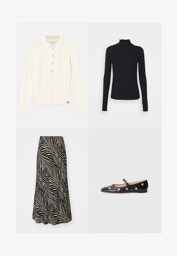 Kremowy sweter z warkoczowym splotem, z kołnierzykiem, czterema guzikami, ściągaczami przy mankietach i małą naszywką z logo na dolnym brzegu.; Czarny, długi rękaw, golf z gładkiego materiału, z falbaniastym kołnierzem i dopasowanym krojem z prostymi brzegami.; Midi spódnica wykonana z gładkiego materiału, charakteryzująca się czarno-beżowym falistym wzorem, delikatnie rozszerzająca się od talii do dołu.; Czarne skórzane buty typu Mary Jane na płaskim obcasie z zaokrąglonym czubkiem, ozdobione srebrnymi okrągłymi ćwiekami oraz regulowanym paskiem z klamrą.