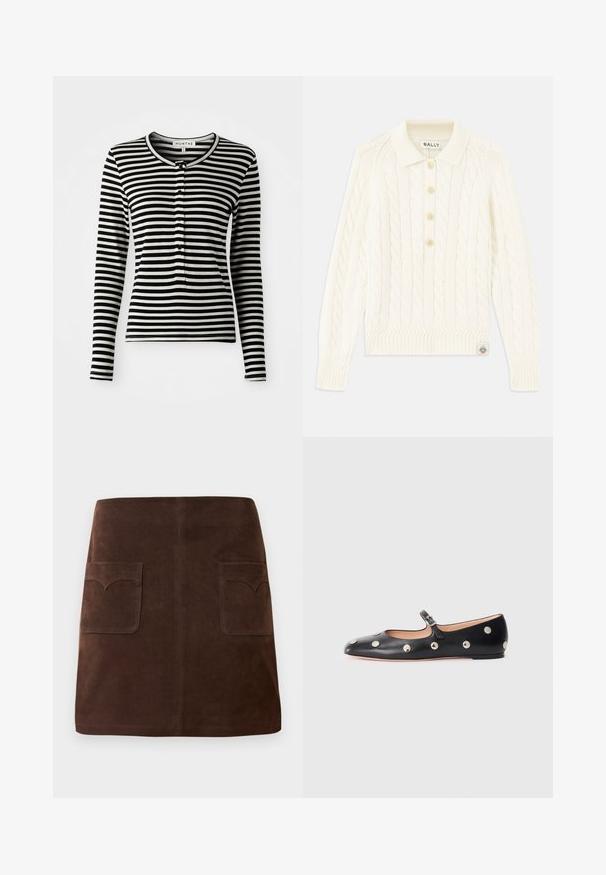 Kermanvärinen neulepaita, jossa on kaulusta muistuttava pääntie, neljän napin lista, ribbireunat ja pieni logo-patch helman kohdalla.; Mustavalkoraidallinen pitkähihaisuus paita, jossa on pyöreä kaula-aukko, napitus ja slim fit -muotoilu. Pehmeä kankaan tekstuuri.; Ruskea mokkanahkainen hame, jossa on klassinen A-linjainen malli, kaksi etutaskua pyöreillä läpillä ja hienovaraisia ommeltyöstöjä.; Musta nahkainen Mary Jane -tyylinen tasapohjakenkä, jossa on pyöreä varvas. Kenkässä on hopeisia pyöreitä niittejä ja säätöremmi, jossa on solki.