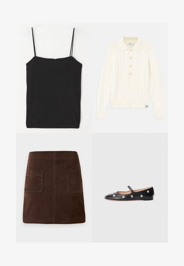 Krem pulover z pletenico in ovratnikom, štirimi gumbi, rebrastimi manšetami in majhnim logotipom na robu.; Črna brezrokavna majica s tankimi naramnicami, izdelana iz mehkega bombažnega materiala, z ravno obrobljenim izrezom in prilegajočim se silhueto.; Rjava nubukova krila, ki vsebujejo klasično A-linijo, dve sprednji žepi z zaobljenimi poklopci in subtilne šivane detajle.; Črne usnjene Mary Jane balerinke z zaobljenim noskom, opremljene z zlatimi krožnimi mošnjo in nastavljivim trakom z zaponko.