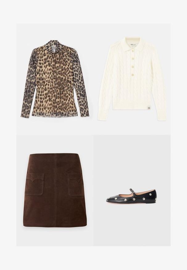 Krem pulover z pletenico in ovratnikom, štirimi gumbi, rebrastimi manšetami in majhnim logotipom na robu.; Dolga majica s leopardjim vzorcem in okroglim izrezom, izdelana iz lahkega materiala z bež in rjavimi vzorci.; Rjava nubukova krila, ki vsebujejo klasično A-linijo, dve sprednji žepi z zaobljenimi poklopci in subtilne šivane detajle.; Črne usnjene Mary Jane balerinke z zaobljenim noskom, opremljene z zlatimi krožnimi mošnjo in nastavljivim trakom z zaponko.