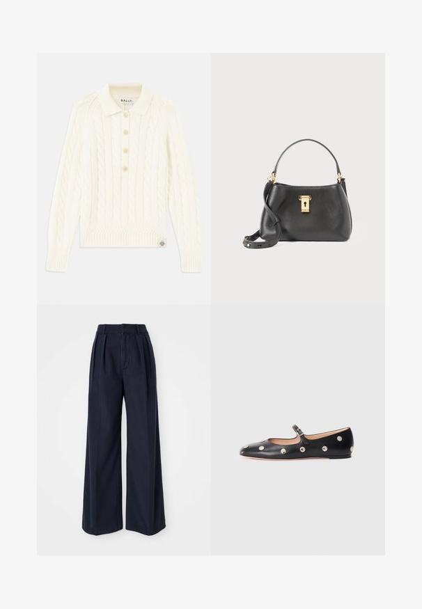 Cream cable-knit sweater with a collared neckline, four button placket, ribbed cuffs, and a small logo patch at the hem.; Dark navy wide-leg trousers made of cotton, featuring pleats at the front, a high waist, and a zipper fly with a button closure.; Black leather Mary Jane flat shoe with a rounded toe, featuring silver circular studs and an adjustable strap with a buckle.; Black leather handbag with a textured finish, featuring a gold lock closure, short handle, and a detachable shoulder strap.