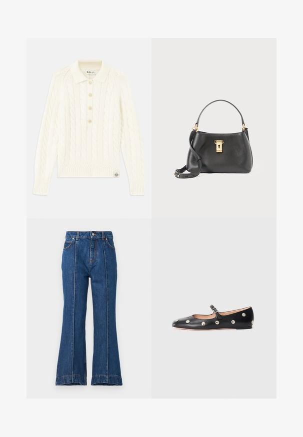 Cream cable-knit sweater with a collared neckline, four button placket, ribbed cuffs, and a small logo patch at the hem.; High-waisted denim flared jeans in dark blue with contrasting orange stitching, featuring a button closure and wide leg openings.; Black leather Mary Jane flat shoe with a rounded toe, featuring silver circular studs and an adjustable strap with a buckle.; Black leather handbag with a textured finish, featuring a gold lock closure, short handle, and a detachable shoulder strap.
