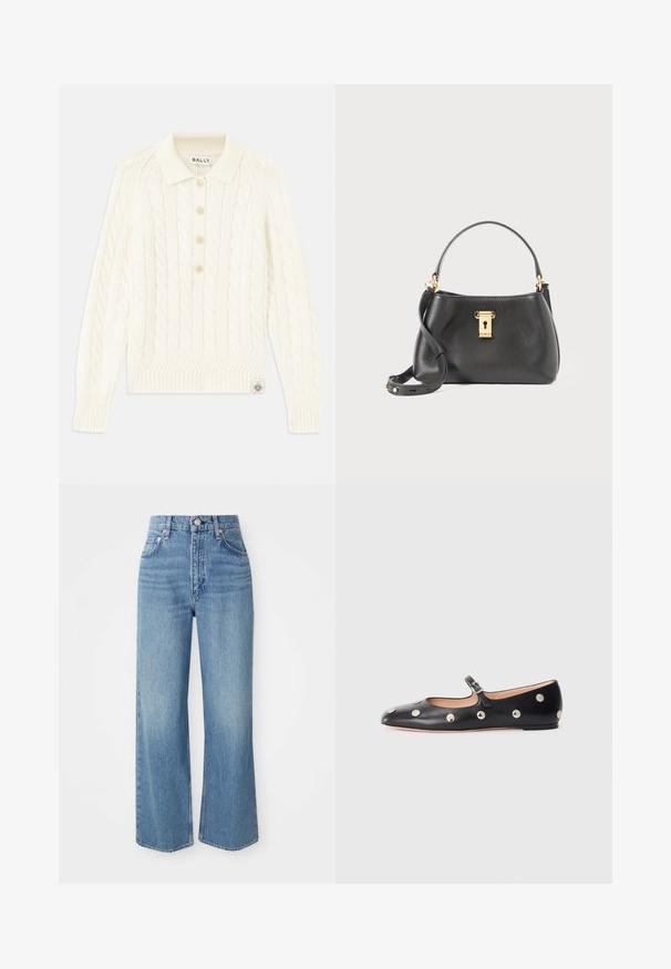 Krem pulover z pletenico in ovratnikom, štirimi gumbi, rebrastimi manšetami in majhnim logotipom na robu.; Svijetloplave traperice s visokim strukom, širokim nogavicama i sirovim rubom. Imaju tradicionalni dizajn s pet džepova i zatvaranje na srebrni gumb.; Črne usnjene Mary Jane balerinke z zaobljenim noskom, opremljene z zlatimi krožnimi mošnjo in nastavljivim trakom z zaponko.; Črna usnjena torbica z teksturirano površino, ki ima zlati zaklep, kratek ročaj in snemljivi ramenski trak.