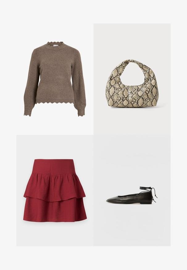Rjav pleten pulover z valovitim izrezom in robom, z dolgimi rokavi in teksturiranim zaključkom.; Tutu krilo v temno burgundski barvi, z širokim pasom, strukturiranimi volančki na plasteh in mehko, teksturirano tkanino.; Črne usnjene baletne čevlje s koničastim nosom, vezi okrog gležnja in ravnim podplatom, ki se ponašajo z gladko teksturo in minimalističnim dizajnom.; Torba z vzorom kače s ukrivljenim ročajem. Narejena iz teksturiranih, bež in rjavih materialov, ki imajo značilen diamante vzorec.