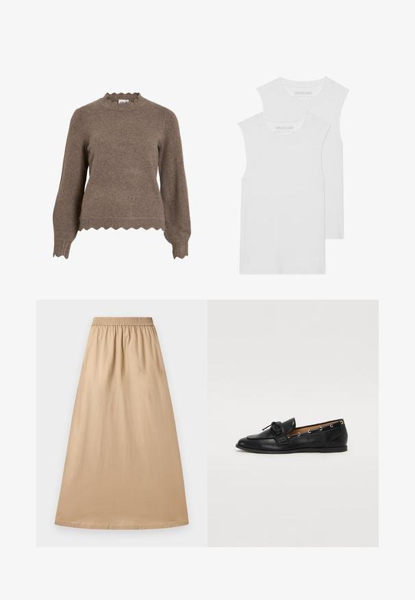 Brown knit sweater with a scalloped neckline and hem, featuring long sleeves and a textured finish.; Two white sleeveless T-shirts made of soft cotton fabric, featuring a rounded neckline and no visible patterns or hardware.; Beige maxi skirt made of lightweight fabric, featuring an elastic waistband and smooth texture, with a straight, flowing design.; Black leather loafers with a tied bow, featuring gold eyelet accents along the sides and a flat rubber sole. Smooth texture, classic design.