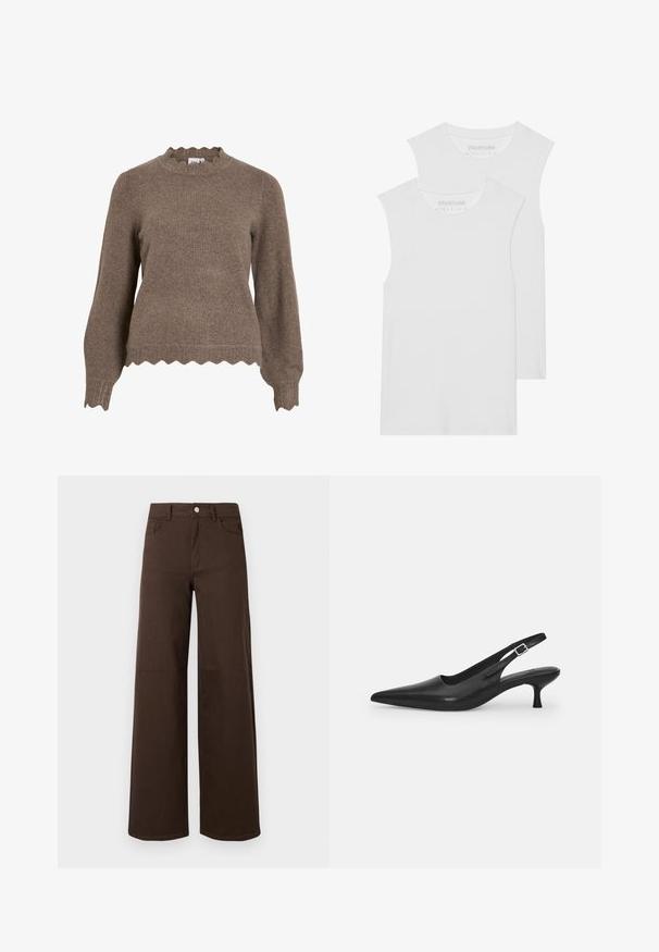 Suéter de punto marrón con un escote y dobladillo en forma de onda, con mangas largas y un acabado texturizado.; Dos camisetas sin mangas blancas hechas de suave tela de algodón, con un escote redondeado y sin patrones ni elementos metálicos visibles.; Pantalones de pierna ancha marrones, fabricados con un tejido duradero, que presentan un cierre de botón y un diseño clásico de cinco bolsillos. Textura suave con un detalle mínimo.; Zapato negro de piel tipo slingback con punta afilada y un tacón delgado y curvado. Presenta una correa ajustable discreta con una hebilla de metal.