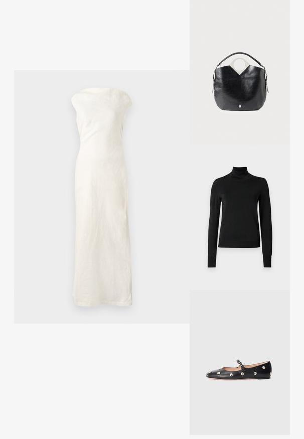 Mustmusterta mustaga pikkade varrukatega kõrge kaelusega sviiter, millel on ribakudumisega mansetid ja äär, esitatud lihtsal valgel taustal.; Valge linane maksikleit off-the-shoulder kaelusega, sobiva siluetiga ja otse alläärega. Omab tekstuurset kangast, mis lisab detaili.; Must naar mustast valmistatud Mary Jane lamedad jalanõud, ümarate varvastega, hõbedaste ümmarguste nupukestega ja reguleeritava rihmaga, millel on klamber.; Must mustroosa nahast kott, millel on kõver kuju, ümmargune ülemine käepide ja hõbedane logo detail. Sile tekstuur ja märkimisväärne lõikekujunduse element.