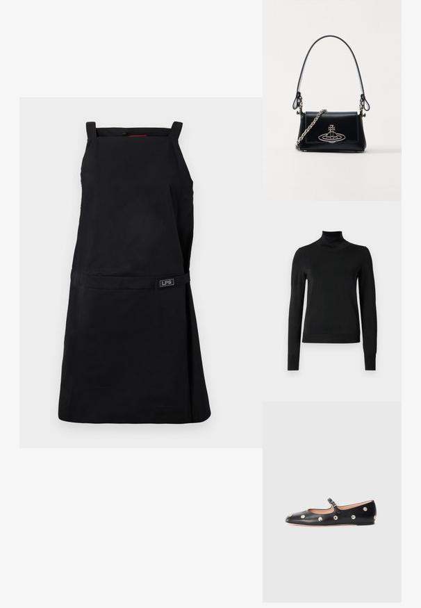 Schwarzer Langarmrollkragenpullover mit gerippten Bündchen und Saum, auf einem schlichten weißen Hintergrund präsentiert.; Schwarzschürze mit Quadrat-Ausschnitt, verstellbaren Trägern und einem Taillenknoten. Hat ein LPS-Logo-Detail auf der Vorderseite. Glattes, strapazierfähiges Material.; Schwarze Leder-Mary-Jane-Ballenflats mit runder Zehenform, ausgestattet mit silbernen runden Nieten und einem verstellbaren Riemen mit Schnalle.; Schwarze Ledertasche mit strukturiertem Design, silberner Kettenriemen und einem auffälligen metallischen Logo auf der Vorderseite. Glatte Textur.