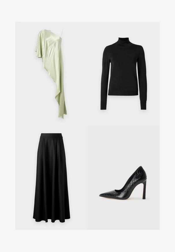 Fekete, hosszú ujjú garbós pulóver bordás mandzsettákkal és aljjal, sima fehér háttér előtt bemutatva.; Egyszerű vállú, világoszöld selyemruha, amely aszimmetrikus, redőzött kialakítással és puha, áramlós anyaggal rendelkezik.; Fekete, földig érő szoknya sima textúrával, széles derékrésszel és plisszézett dizájnnal, látható minták vagy díszítések nélkül.; Fekete hegyes orrú magassarkú cipő krokodilbőr textúrával, letisztult dizájnnal, magas tűsarkú és sima fekete belső résszel.