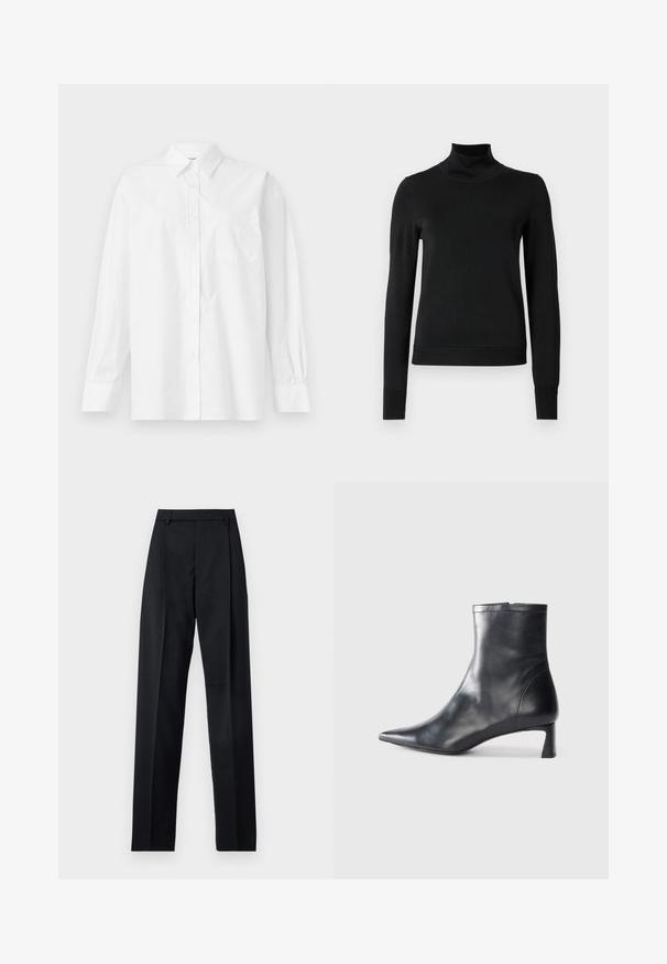 Čierny dlhý rukáv rolák s rebrovanými manžetami a lemom, zobrazený na čistej bielej pozadí.; Biela košeľa s dlhým rukávom vyrobená z bavlny, s klasickým golierom, gombíkovým zapínaním a jednou náprsní kapsou na ľavej strane.; Čierne nohavice vyrobené z hladkej látky s vysokým pásom, širokými nohavicami, prednými záhybmi a klasickými pútkami na opasok. Žiadne bočné vrecká nie sú viditeľné.; Čierne kožené členkové topánky s špicatou špičkou a elegantným dizajnom. Majú nízky podpätok a zips na zadnej strane. Hladká textúra.