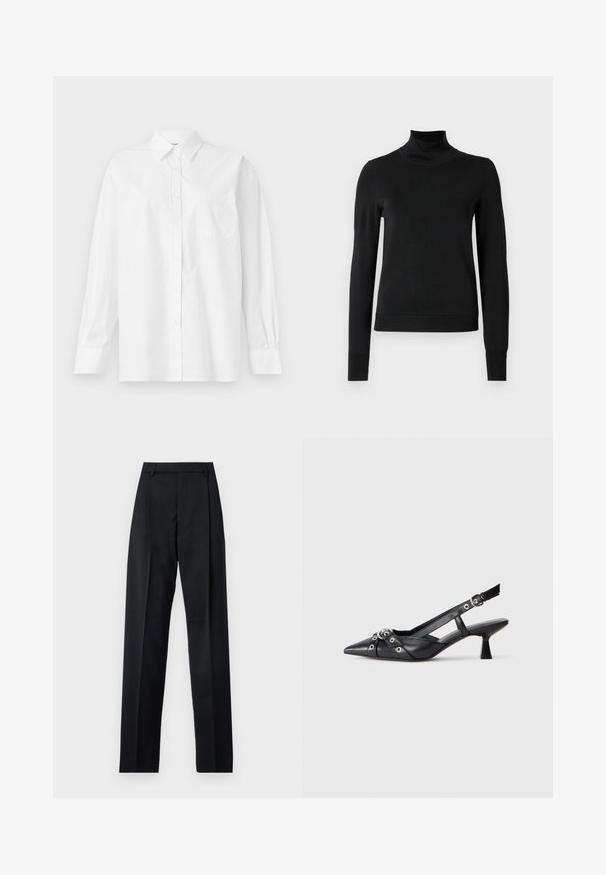 Čierny dlhý rukáv rolák s rebrovanými manžetami a lemom, zobrazený na čistej bielej pozadí.; Biela košeľa s dlhým rukávom vyrobená z bavlny, s klasickým golierom, gombíkovým zapínaním a jednou náprsní kapsou na ľavej strane.; Čierne nohavice vyrobené z hladkej látky s vysokým pásom, širokými nohavicami, prednými záhybmi a klasickými pútkami na opasok. Žiadne bočné vrecká nie sú viditeľné.; Čierne kožené slingback topánky s špicatou špičkou, ozdobnými popruhmi s kovovými očkami a nízkym blokovým podpätkom. Textúrovaný povrch.