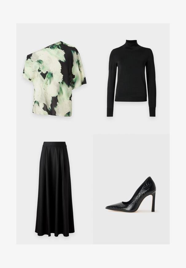 Pullover nero a maniche lunghe con collo alto, rifinito con polsini e orlo a coste, mostrato su uno sfondo bianco semplice.; Blusa asimmetrica in tessuto leggero con sfondo nero e motivi floreali verdi e bianchi; maniche corte, vestibilità ampia.; Gonna nera lunga fino al pavimento con una texture liscia, vita alta ampia e design plissè, priva di motivi visibili o decorazioni.; Scarpa nera con punta a punta alta in pelle di coccodrillo, caratterizzata da un design elegante, alto tacco a spillo e interno nero liscio.