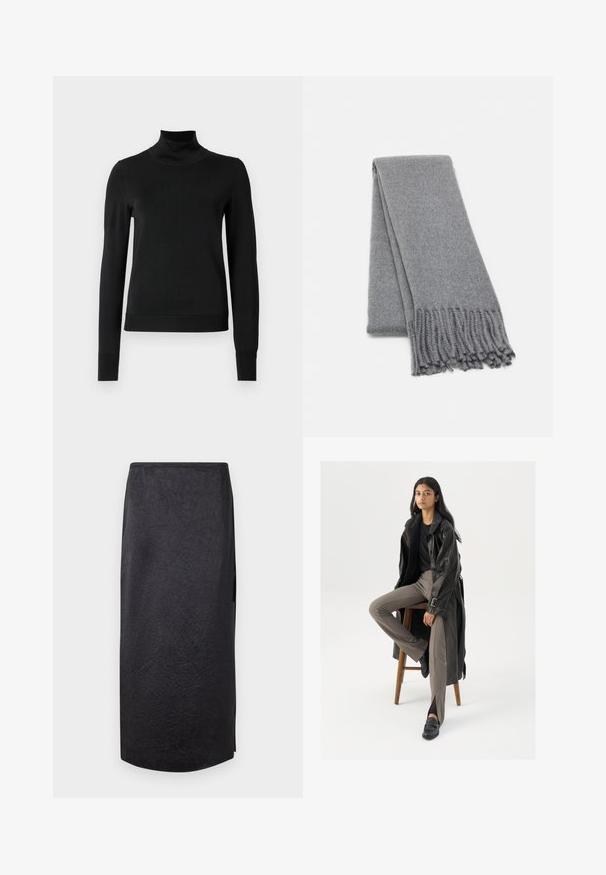 Black long-sleeve turtleneck sweater with ribbed cuffs and hem, displayed on a plain white background.; Black midi skirt with a crinkled texture, straight cut, and side slit. Material appears lightweight. Hemline is slightly rounded.; Black leather trench coat with buttons and belt detail, paired with light brown fitted pants and black loafers, seated on a wooden stool.; Gray wool scarf with a soft texture, featuring fringed edges and a simple design. Folded neatly, showcasing its elongated shape.