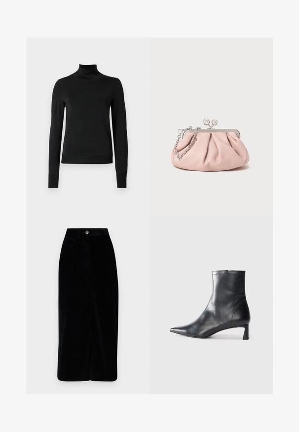 Black long-sleeve turtleneck sweater with ribbed cuffs and hem, displayed on a plain white background.; Black corduroy midi skirt with a straight fit, front button closure, and two side pockets. Soft texture with vertical ribbed pattern.; Black leather ankle boot with a pointed toe and a sleek design. Features a low heel and a zipper closure at the back. Smooth texture.; Pink leather clutch bag with a gathered design, metal frame, two round clasps, and a silver chain strap. Smooth texture, compact shape.