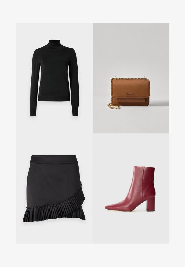 Svart langermet genser med høy hals, med ribbede mansjetter og kant, vist på en enkel hvit bakgrunn.; Svart skjørt med plisserte kanter, som har et stilrent design, glatt tekstur og en asymmetrisk kutt langs den nedre kanten.; Burgunderfargede lærankelsko med spiss tå, blokkhel og glatt tekstur, med en sømløs design uten synlig maskinvare.; Brun teksturert lær crossover-veske med gullkjede-stropp og klaffelukking. Fronten har logo-detalj og en lomme under klaffen.