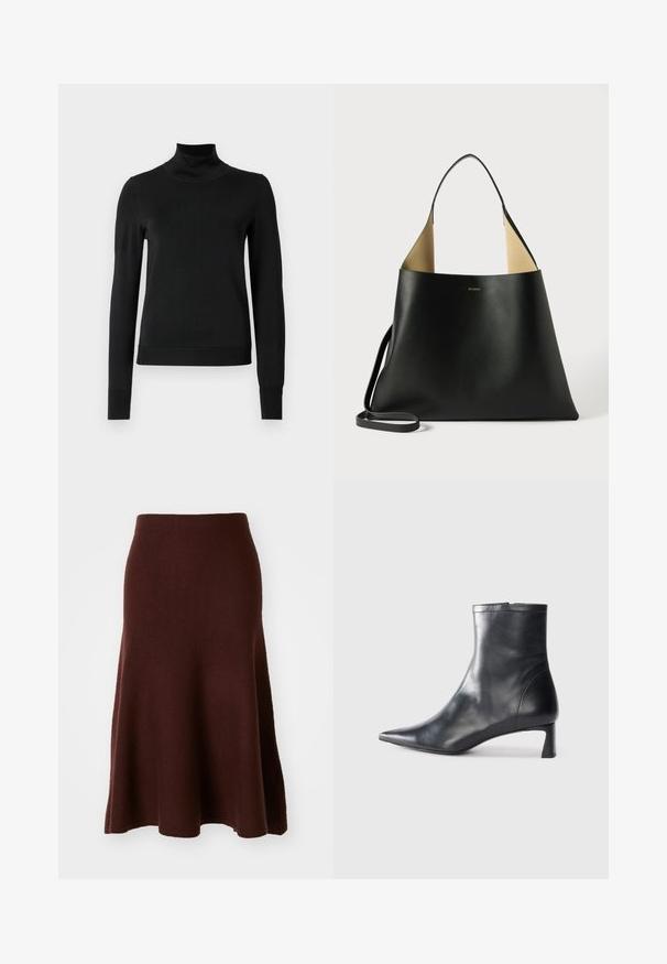 Mustmusterta mustaga pikkade varrukatega kõrge kaelusega sviiter, millel on ribakudumisega mansetid ja äär, esitatud lihtsal valgel taustal.; Pruun meriinovillane seelik, A-line kuju, sile tekstuur, põlvepikkune laieneva alläärega, minimaalsed õmblused, sobilik igapäevaseks kandmiseks.; Mustad mustall nahkasaabas terava nina ja stiilse disainiga. Omab madalat konts ja luku sulgemist taga. Sile tekstuur.; Must lilla nahkakott, millel on avar ja nurgaine disain. Omab kontrastset pruuni sisekujundust ja õhukest õlavarre rihma. Minimalistlik brändimine.