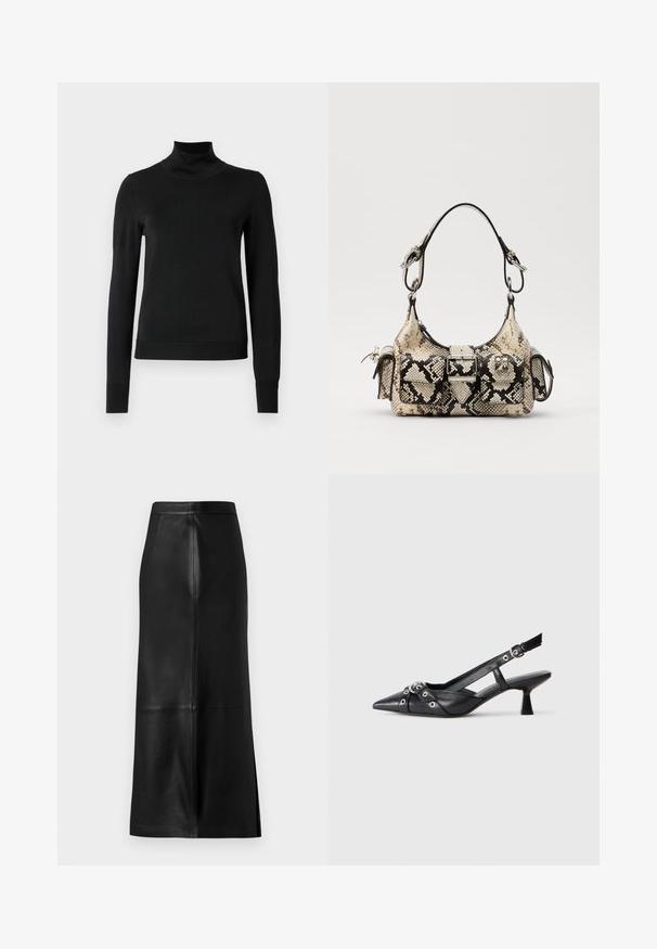 Juoda ilgomis rankovėmis turtleneko tipo megztinis su rebruotomis rankovėmis ir apačia, eksponuojamas ant paprasto balto fono.; Juoda odinė sijonas tiesia siluetu, su nugarine iškirpte, lygiu paviršiumi ir matomomis siūlėmis.; Juodas odinis slingback tipo batai su smailiu priekiniu atvartu, dekoratyvinėmis sagtimis su metaliniais akyčiais ir žemu blokiniu kulnu. Saldus paviršius.; Python-print rankinė smėlio ir juodos spalvos, su struktūrizuota forma, sagties detale ir dviem petnešomis. Textūruotas paviršius.