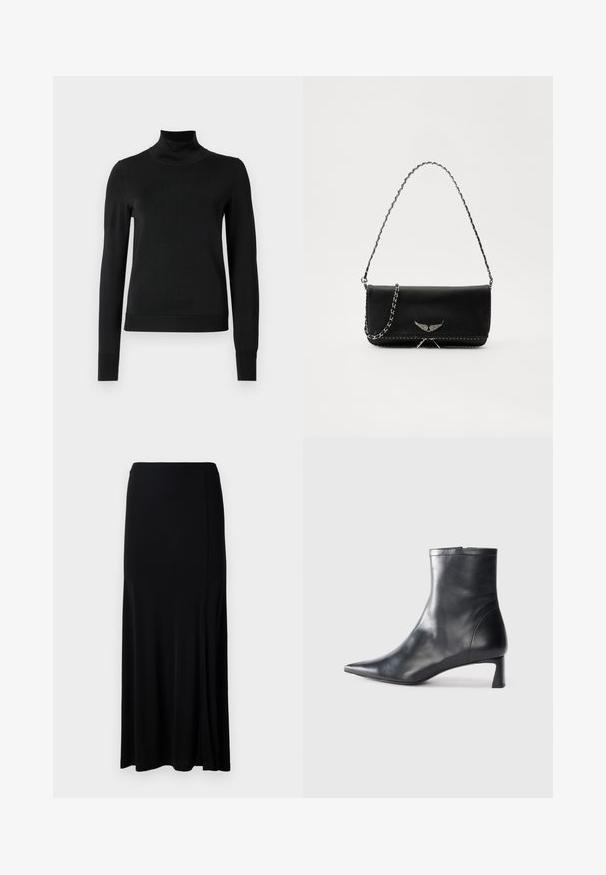 Čierny dlhý rukáv rolák s rebrovanými manžetami a lemom, zobrazený na čistej bielej pozadí.; Čierna maxi sukňa vyrobená z hladkej látky, vybavená bočným rozparkom, elastickým pásom a rovnými strihom pre minimalistický dizajn.; Čierne kožené členkové topánky s špicatou špičkou a elegantným dizajnom. Majú nízky podpätok a zips na zadnej strane. Hladká textúra.; Čierna kožená kabelka so strieborným reťazovým popruhom, so zdobnými krídelnými akcentmi a bielym prešívaním pozdĺž dolného švu.