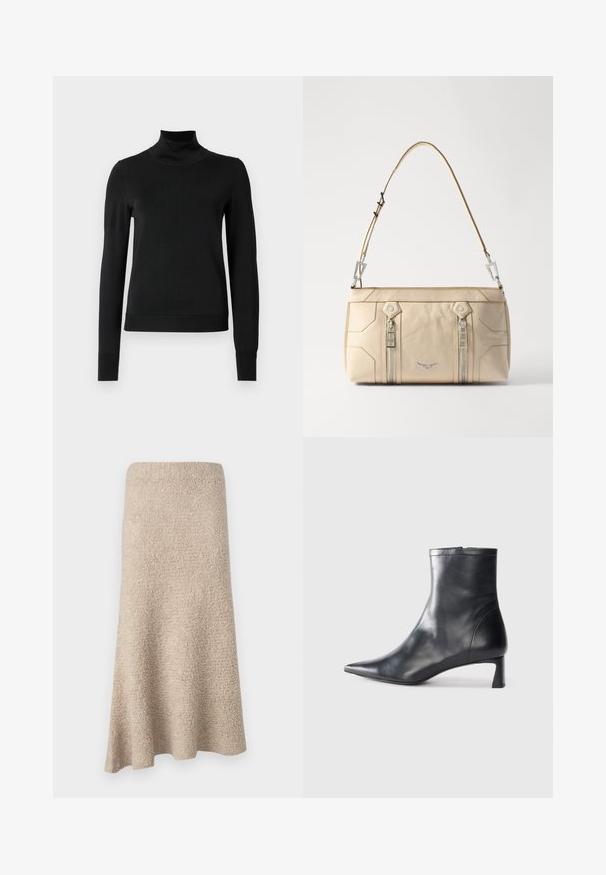 Schwarzer Langarmrollkragenpullover mit gerippten Bündchen und Saum, auf einem schlichten weißen Hintergrund präsentiert.; Knielange A-Linien-Rock aus weichem beigen Material mit strukturierter Oberfläche und ohne sichtbare Verschlüsse oder Muster.; Schwarze Lederstiefelette mit spitzer Zehe und schlankem Design. Verfügt über einen niedrigen Absatz und einen Reißverschluss hinten. Glatte Textur.; Beige Lederhandtasche mit silbernen Beschlägen, zwei seitlichen Reißverschlüssen, strukturiertem Design und einem abnehmbaren Trageriemen für Vielseitigkeit.