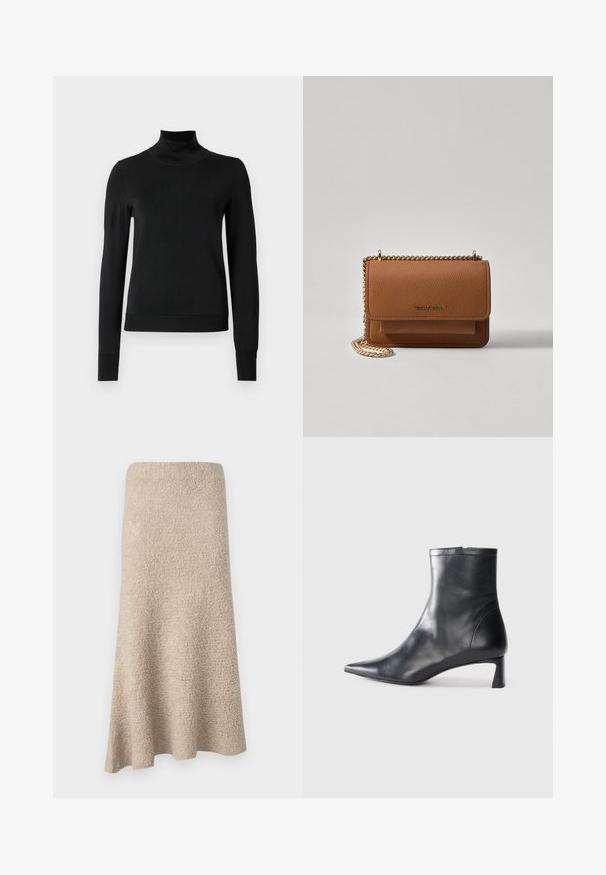 Černý dlouhý rukáv rolák se žebrovanými manžetami a lemem, vystavený na čistě bílém pozadí.; Sukně ke kolenům, ve tvaru A, z měkkého béžového materiálu s texturovaným povrchem a bez viditelných zapínání nebo vzorů.; Černé kožené kotníkové boty s špičatou špičkou a elegantním designem. Mají nízký podpatek a zipové zapínání na zadní straně. Hladká textura.; Hnědá texturovaná kožená kabelka přes rameno se zlatým řetízkovým popruhem a klopnovým uzavíráním. Přední strana obsahuje detail loga a kapsu pod klopou.