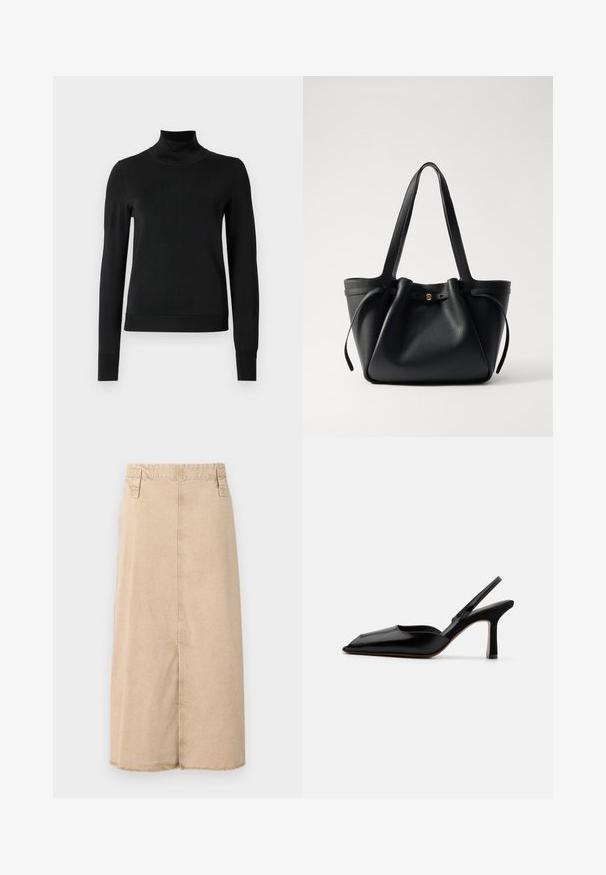 Melnas garām piedurknēm turtlenecks džemperis ar ribotām aprocēm un apakšmali, attēlots uz vienkārša balta fona.; Bežs džinsu svārki ar garumu līdz pusmūžam, ar izsistiem malām, divām sānu kabatām un adītām akcentiem jostasvietā.; Melnas ādas slingback kurpes ar norādītu purngalu, minimālisma dizainu, plānu potītes jostu un elegantām stiletto papēžiem. Gluda tekstūra.; Melna ādas roku soma ar divām garām siksnām, savilktu augšpusi un zelta apļveida akcentu. Gluda tekstūra ar minimālistisku dizainu.