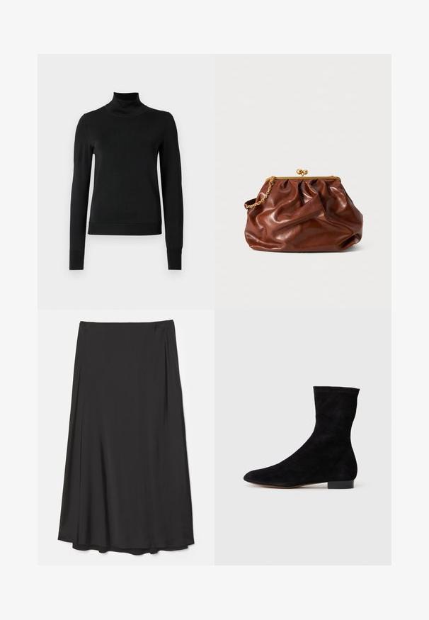 Musta pitkähihaisen pooloneuleen, jossa on ribbikuvioiset hihansuut ja helma, esitetty yksinkertaisella valkoisella taustalla.; Mustat, polvimittaiset hameet, jotka on valmistettu sileästä kankaasta; sisältää virtaavan muotoilun pehmeillä laskoksilla ja ilman näkyviä kiinnityksiä.; Mustang-mustaviinan nilkkuri, jossa on tiukka varsi, terävä kärki ja matala lohkoiltu korko. Sileä pinta ja minimalistinen muotoilu, sopii monenlaiseen tyyliin.; Ruskea nahkalaukku, jossa on kultainen puristuskahva ja lyhyt kultaketju, esittelee pehmeän, kerättyä pintaa valkoista taustaa vasten.