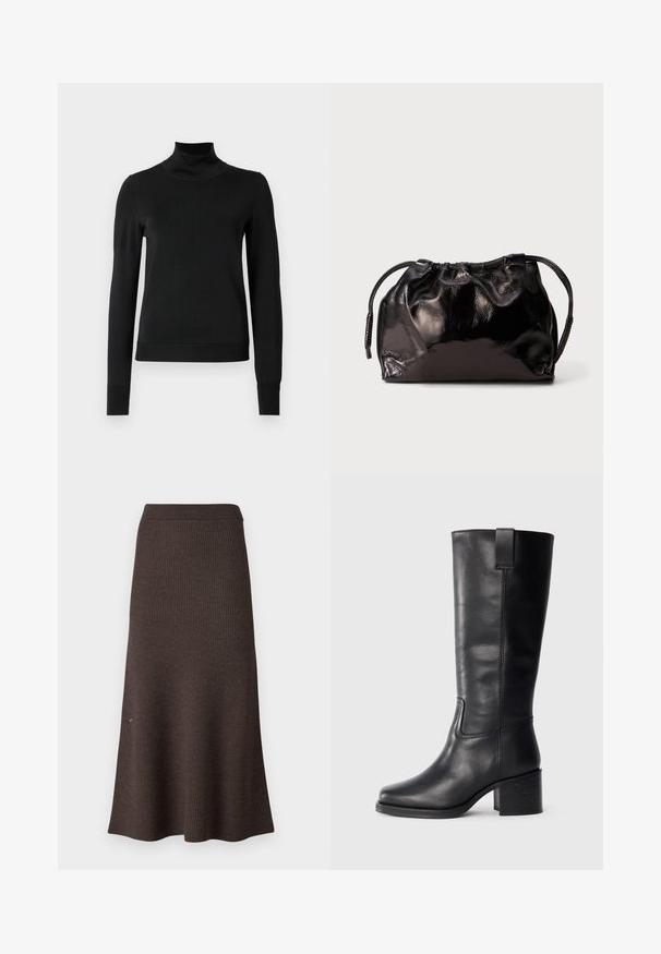 Pullover nero a maniche lunghe con collo alto, rifinito con polsini e orlo a coste, mostrato su uno sfondo bianco semplice.; Gonna a maglia marrone a coste con una forma svasata e una vita elastica. La texture è morbida, con una finitura liscia e bordi puliti.; Stivali al ginocchio in pelle nera con una texture liscia, punta quadrata, tacco a blocco e linguetta laterale, caratterizzati da dettagli di cucitura minimi.; Piccola sacca a drawstring in pelle nera lucida con manici corti su uno sfondo grigio chiaro.