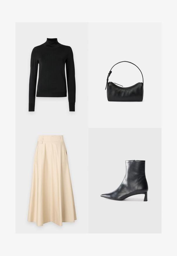 Μαύρο μακρυμάνικο πουλόβερ με ψηλή λαιμόκοψη και ριγωτές μανσέτες και τελείωμα, το οποίο είναι παρουσιασμένο σε απλή λευκή φόντο.; Marella KUBAN - Μάξι φούστα - sabbia; Μαύρη δερμάτινη μπότες αστραγάλου με μυτερή μύτη και κομψό σχέδιο. Διαθέτει χαμηλό τακούνι και φερμουάρ στο πίσω μέρος. Λείο υφή.; Μαύρη δερμάτινη τσάντα ώμου με καμπυλωτό σχέδιο, φερμουάρ κλεισίματος και λεπτό λουρί. Διαθέτει λεία υφή και διακριτές ραφές.