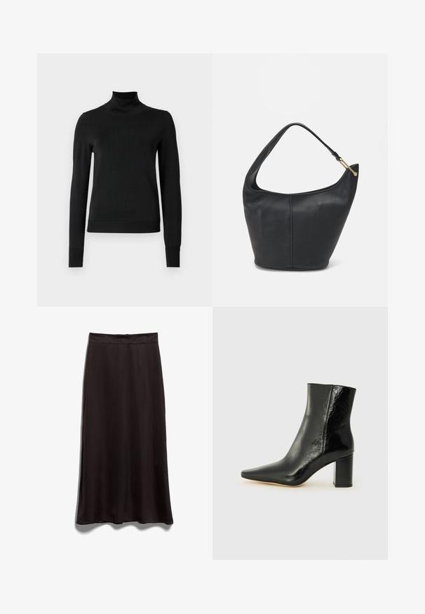 Černý dlouhý rukáv rolák se žebrovanými manžetami a lemem, vystavený na čistě bílém pozadí.; Černá saténová midi sukně s hladkým povrchem, rovnými liniemi a pasem. Bez viditelných vzorů nebo kovových detailů.; Černé kotníkové boty z lesklé kůže s špičatou špičkou a masivním, čtvercovým podpatkem. Vyznačují se hladkou texturou a minimalistickým designem.; Černá kožená kabelka zaobleného tvaru, s širokým popruhem a texturovaným povrchem. Obsahuje jemné švy a akcenty ve zlatém tónu.