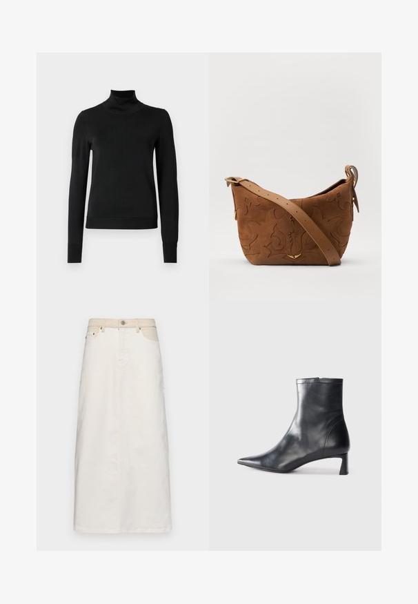 Melnas garām piedurknēm turtlenecks džemperis ar ribotām aprocēm un apakšmali, attēlots uz vienkārša balta fona.; Balta džinsu svārki ar augstu jostasvietu, priekšējām kabatām un taisnu griezumu. Tai ir kontrastējoša šuvuma detaļas un pogu un rāvējslēdzēja aizdare.; Melnas ādas potītes zābaki ar norādītu pirkstu un elegantu dizainu. Iezīmē zemu papēdi un rāvējslēdzēja aizdari aizmugurē. Gluda tekstūra.; Brūns zamšs plecu soma ar iegravētu ziedu dizainu, papildināta ar gludu brūnu ādas siksnu un zelta toņa detaļām.