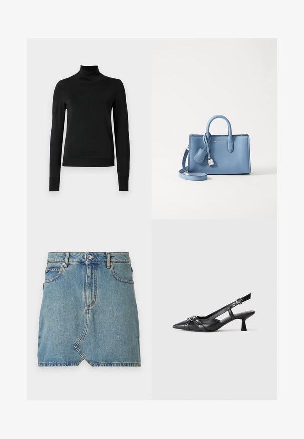 Mustmusterta mustaga pikkade varrukatega kõrge kaelusega sviiter, millel on ribakudumisega mansetid ja äär, esitatud lihtsal valgel taustal.; Heledsinine teksaseelik, millel on toorkrae ja esine nurkade taskud, kontrastõmblused ning üks nööpkinnitus vöökoha juures.; Must must have must toote tõmblukuga, dekoratiivsed rihmad metallist silmadega ja madal blokk-kand. Tekstureeritud pind.; Helehelesinine nahast käekott, millel on kaks käepidet, eemaldatav õlapael ja hõbedane lukukujundus koos sildiga. Sile tekstuur.