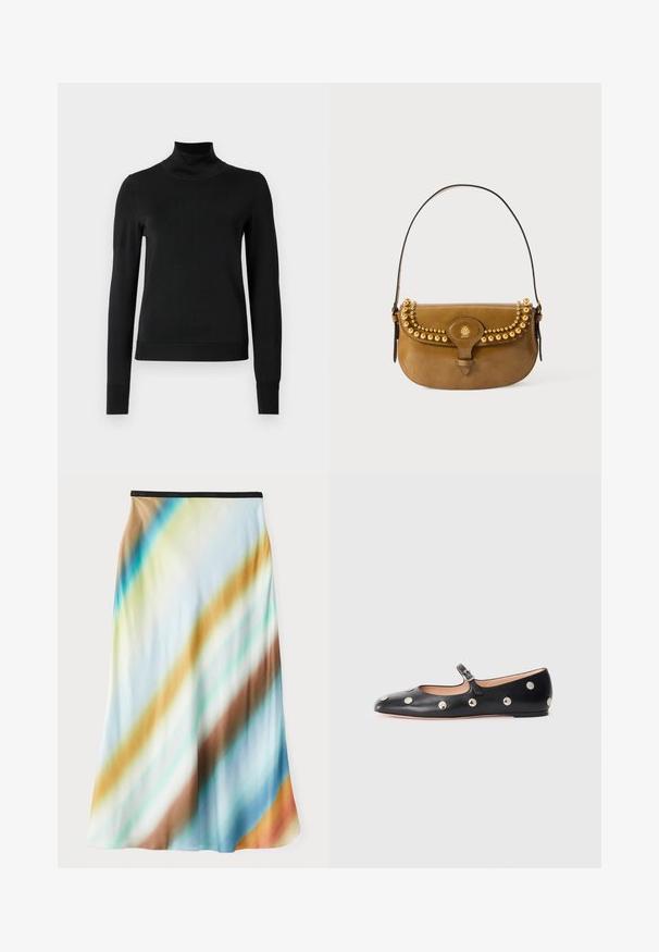 Fekete, hosszú ujjú garbós pulóver bordás mandzsettákkal és aljjal, sima fehér háttér előtt bemutatva.; Midi szoknya könnyű, áramló anyagból. Áttetsző mintázattal rendelkezik, amely kék, barna és krémszínű diagonális csíkokból áll. Fekete derekalja van.; Fekete bőr Mary Jane lapossarkú cipő, lekerekített orral, ezüst színű kör alakú szegecsekkel és állítható pánttal, csattal.; Barna bőr kézitáska ívelt formával, arany szegecsekkel a tetején, rövid pánttal és csat zárással.