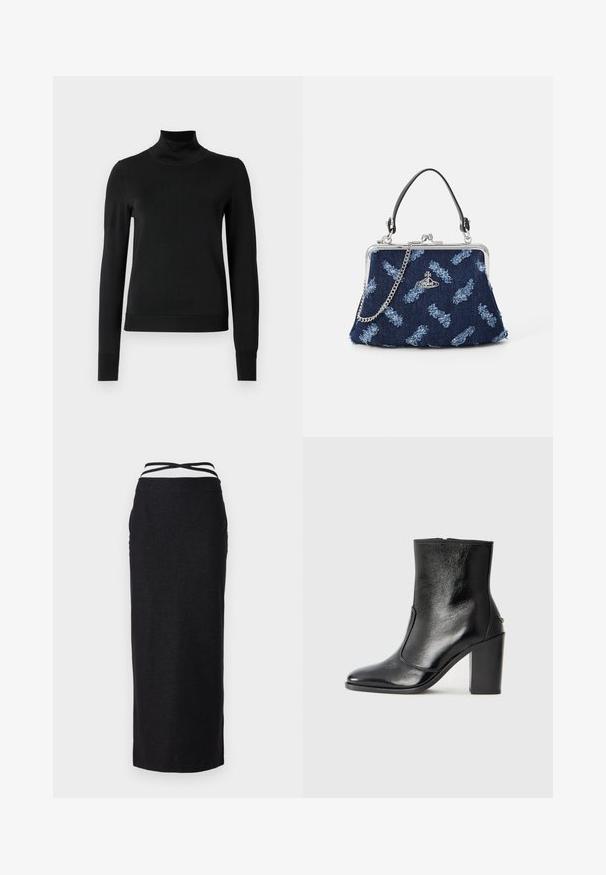 Pulover negru cu mânecă lungă și guler tip colier, cu manșete și tiv cu elastic, expus pe un fundal alb simplu.; Fustă maxi neagră, realizată dintr-un material neted și ușor, cu talie înaltă, prevăzută cu curele încrucișate și o siluetă dreaptă.; Botină din piele neagră, cu o textură netedă, vârf ascuțit și toc gros, înalt. Dispune de o deschidere laterală și un design minimalist.; Geantă din denim cu un închizător argintiu, curea din lanț și textură florală albastră. Are un mâner negru și modele brodate complicate.