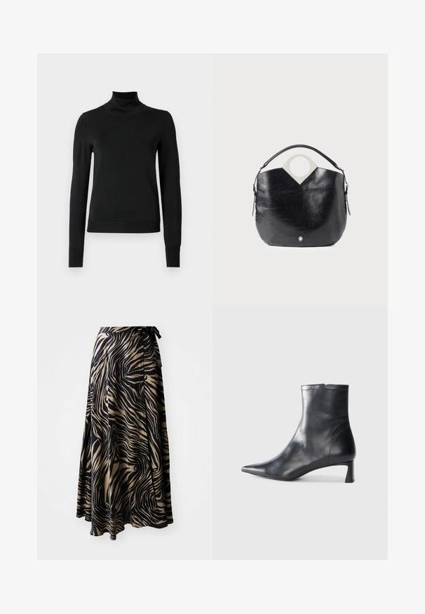 Black long-sleeve turtleneck sweater with ribbed cuffs and hem, displayed on a plain white background.; Wrap skirt in a black and beige zebra print. Made from lightweight fabric with a flowy design, featuring a tie waist and asymmetrical hem.; Black leather ankle boot with a pointed toe and a sleek design. Features a low heel and a zipper closure at the back. Smooth texture.; Black leather bag with a curved shape, circular top handle, and silver logo detail. Smooth texture and notable cut-out design feature.