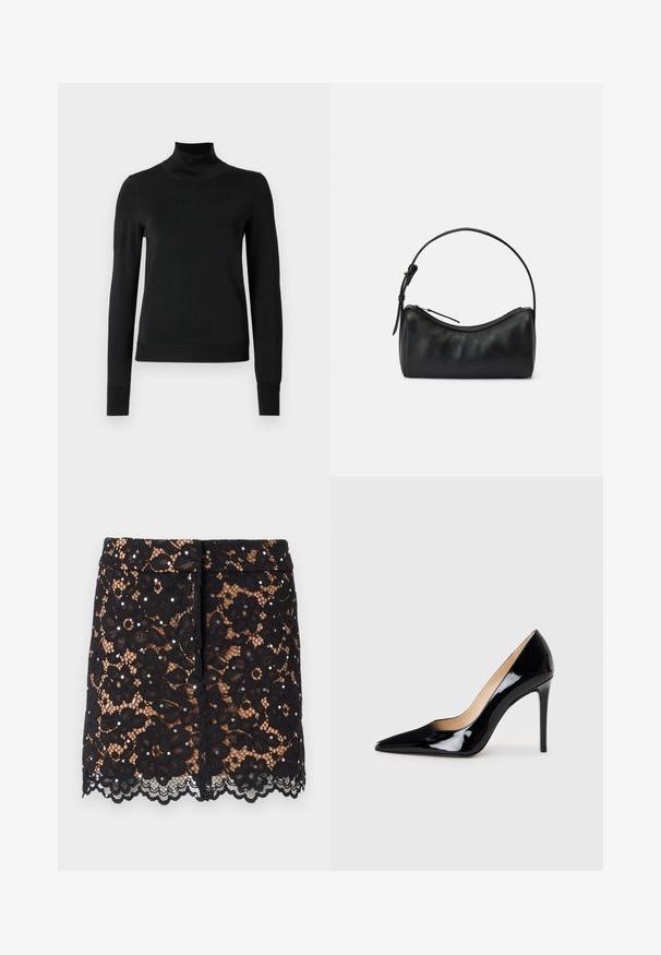 Zwarte trui met lange mouwen en col, voorzien van geribde manchetten en zoom, weergegeven op een effen witte achtergrond.; Zwarte kanten rok met bloemmotieven, decoratieve rhinestones, een geschulpte zoom en een aansluitend ontwerp. Hangt op Midden-dij lengte.; Zwarte lakleren hoge hakpumps met een puntige neus en een slanke silhouet. Heeft een gladde, glanzende afwerking en een slanke stilettohak.; Zwarte leren schoudertas met een gebogen ontwerp, ritsafsluiting en een slanke schouderriem. Beschikt over een soepele textuur en subtiele stikdetails.