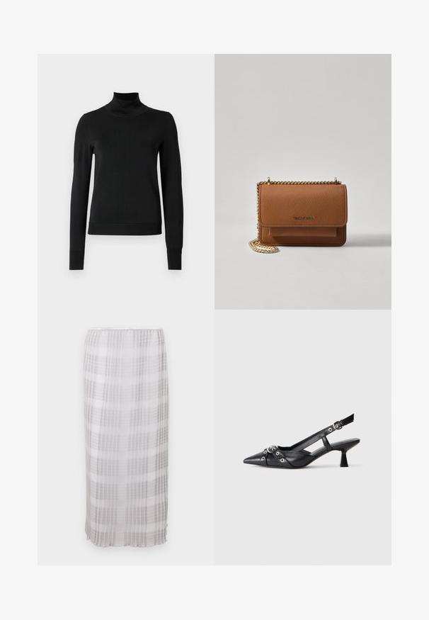 Sweater preto de manga longa com gola alta, com punhos e bainha canelados, exposto em um fundo branco liso.; Saia longa e transparente em branco com padrão xadrez cinza. Tecido suave e leve com cintura elástica, terminando ao nível do tornozelo.; Sapato slingback em couro preto com biqueira fina, tiras decorativas com ilhós de metal e um pequeno salto quadrado. Superfície texturizada.; Bolsa crossbody de couro texturizado castanho com alça de corrente dourada e fecho com aba. A parte da frente apresenta detalhe do logótipo e um bolso sob a aba.