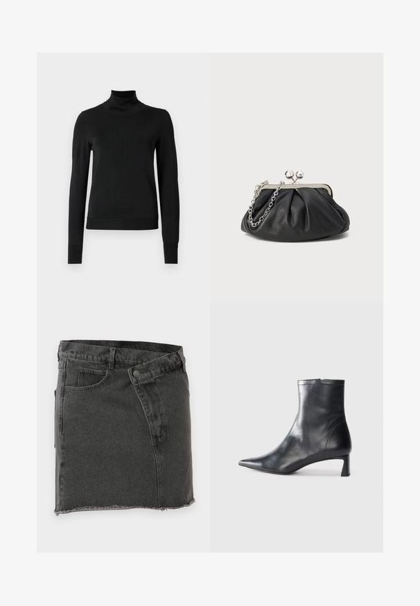 Schwarzer Langarmrollkragenpullover mit gerippten Bündchen und Saum, auf einem schlichten weißen Hintergrund präsentiert.; Schwarzer Denim-Minirock mit frontalen Taschen, Gürtelschlaufen, Knopfverschluss und rohem Saumdetail.; Schwarze Lederstiefelette mit spitzer Zehe und schlankem Design. Verfügt über einen niedrigen Absatz und einen Reißverschluss hinten. Glatte Textur.; Schwarze Leder-Clutch mit geraffter Textur, silberfarbener Metallrahmen, Druckverschluss und Kettenriemen. Glatte, weiche Oberfläche.