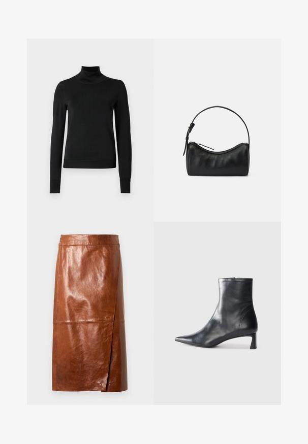 Čierny dlhý rukáv rolák s rebrovanými manžetami a lemom, zobrazený na čistej bielej pozadí.; Hnedá kožená sukňa po kolená s malým predným rozparkom a priliehavým pásom, vystavená na svetlom jednoduchom pozadí.; Čierne kožené členkové topánky s špicatou špičkou a elegantným dizajnom. Majú nízky podpätok a zips na zadnej strane. Hladká textúra.; Čierna kožená ramenná taška s zakriveným dizajnom, zipsovým zapínaním a štíhlym popruhom. Vyznačuje sa hladkou textúrou a jemnými detailmi šitia.