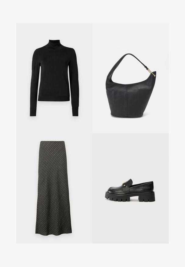 Sort langærmet turtleneck sweater med ribbede manchetter og kant, vist på en simpel hvid baggrund.; Sort midi-nederdel med diagonale hvide striber, lavet af et glat stof. Har en udvidet design og en A-formet silhuet.; Sorte læder loafers med en kraftig sål, prydet med en guldfarvet detalje på fronten og en glat finish. Kraftigt mønster designet på sålen.; Sort læderhandtaske med en rund form, bred rem og textured finish. Har en subtil sømdetalje og en hardware i gyldent tone.