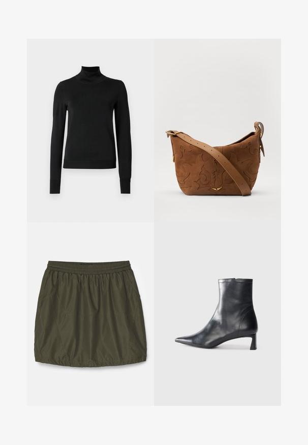 Fekete, hosszú ujjú garbós pulóver bordás mandzsettákkal és aljjal, sima fehér háttér előtt bemutatva.; Olíva zöld, könnyű szoknya, rugalmas derékkal, redőzött textúrával, oldalsó zsebekkel és varrott részletekkel.; Fekete bőr bokacsizma hegyes orral és letisztult dizájnnal. Alacsony sarka és hátsó cipzáras záródása van. Simának tűnő textúra.; Barna velúr válltáska, dombornyomott virágmintával, sima barna bőrpánttal és arany színű fém kiegészítőkkel.