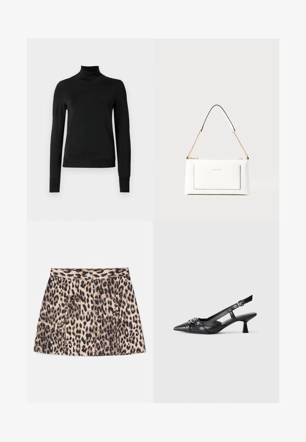 Suéter negro de manga larga con cuello de tortuga, con puños y dobladillo acanalados, exhibido sobre un fondo blanco liso.; Falda de mezclilla con estampado de leopardo que presenta una cintura alta, cierre frontal con botones y dos bolsillos laterales con detalles de cordón.; Zapato de slingback negro de piel con punta afilada, correas decorativas con ojales de metal y un tacón bajo y ancho. Superficie texturizada.; Bolso de mano de cuero blanco con un acabado texturizado, que cuenta con una correa de cadena dorada y acentos negros. Incluye un bolsillo frontal y cierre de cremallera.