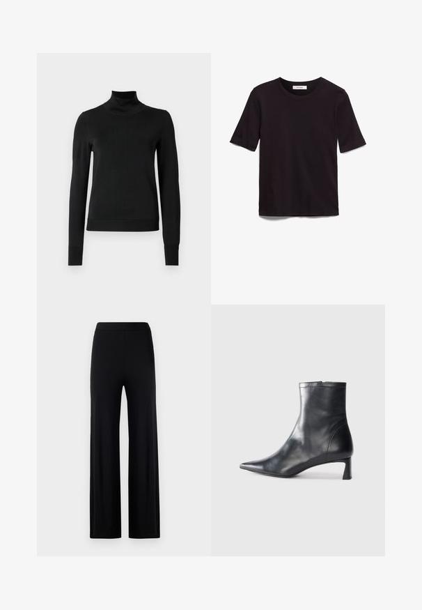 Sort langærmet turtleneck sweater med ribbede manchetter og kant, vist på en simpel hvid baggrund.; Sort T-shirt med korte ærmer lavet af blødt bomuldsstof, med rund halsudskæring og en glat, jævn tekstur samt et minimalistisk design.; Svarte brede bukser lavet af et glat, strækbart stof. Har en elastisk talje og ingen synlige lukninger eller lommer.; Sort læder ankelstøvle med spids tå og et strømlinet design. Har en lav hæl og en lynlås lukning bagpå. Glat tekstur.