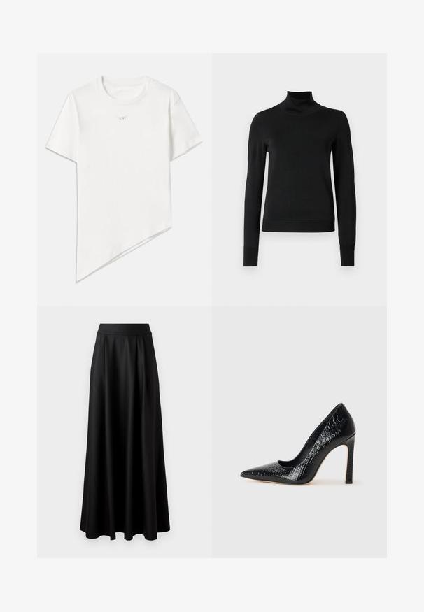 Musta pitkähihaisen pooloneuleen, jossa on ribbikuvioiset hihansuut ja helma, esitetty yksinkertaisella valkoisella taustalla.; Valkoinen t-paita, joka on valmistettu puuvillasta. Siinä on pyöreä pääntie, lyhyet hihat ja epäsymmetrinen helma, jossa on diagonaalileikkaus. Pieni logo rinnassa.; Mustat, lattiapituinen hame, jossa on sileä pinta, leveä vyötäröosa ja plissoitu muotoilu, ilman näkyviä kuvioita tai koristeita.; Musta kapea nilkkakorkokenkä krokotiilin nahkakuviolla, joka on varustettu tyylikkäällä muotoilulla, korkealla stiletto-korkealla ja sileällä mustalla sisäosalla.