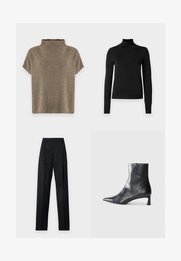 Sort langærmet turtleneck sweater med ribbede manchetter og kant, vist på en simpel hvid baggrund.; Filippa K XIMENA - T-shirts basic - moss grey; Sorte bukser lavet af glat stof, der har høj talje, brede ben, frontfolder og klassiske bælteløkker. Ingen synlige sidelommer.; Sort læder ankelstøvle med spids tå og et strømlinet design. Har en lav hæl og en lynlås lukning bagpå. Glat tekstur.